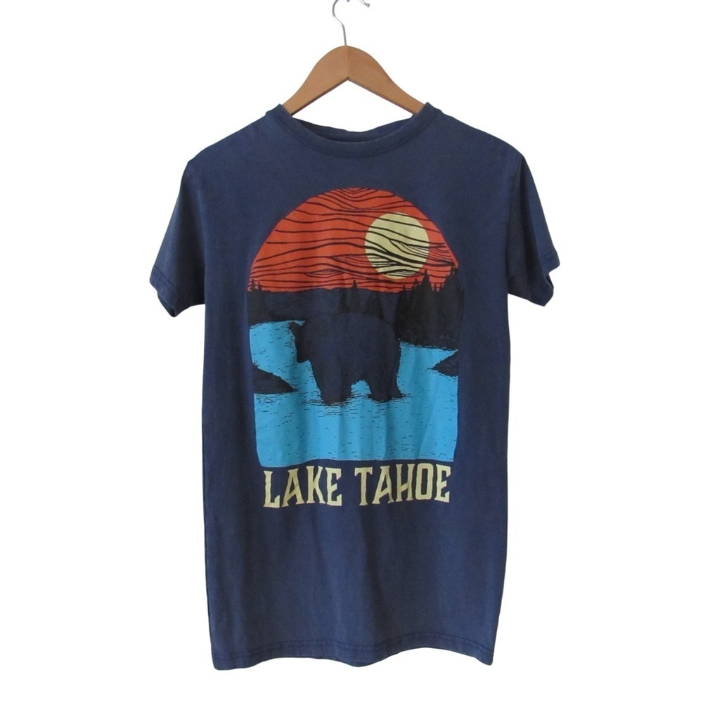 Lake Tahoe Tee Womens Small Blue Short Sleeves Crewneck Bear Sunset Outdoor Trip - Picture 1 of 8